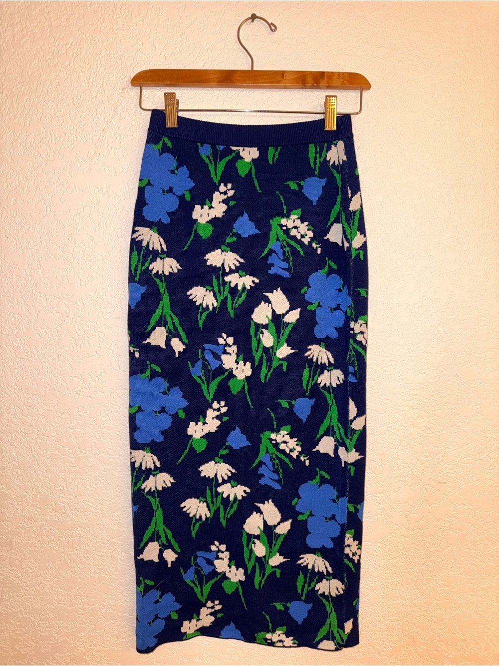 kate spade Navy Floral Knit Midi Skirt with Blue and Green Accents